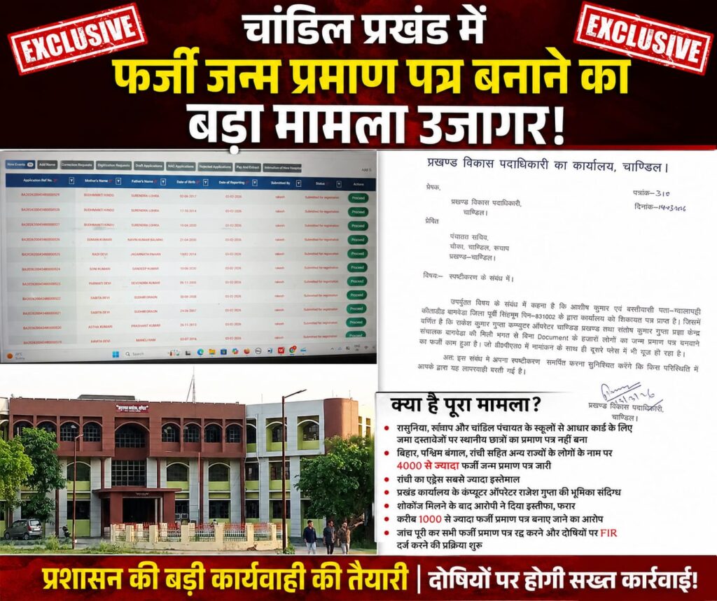 चांडिल प्रखंड में फर्जी जन्म प्रमाण पत्र का बड़ा खेल, 4000 से अधिक प्रमाण पत्र जारी होने का आरोप…..