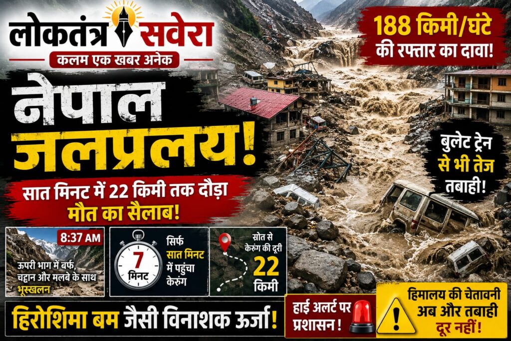 नेपाल में जलप्रलय की रफ्तार ने दुनिया को चौंकाया!…… सात मिनट में 22 किमी तक दौड़ा मौत का सैलाब, 188 किमी/घंटे की रफ्तार का दावा…. बर्फ, चट्टान और मलबे ने नदी को बनाया तबाही का सुनामी…. इस खबर को जरूर पढ़ें…..
