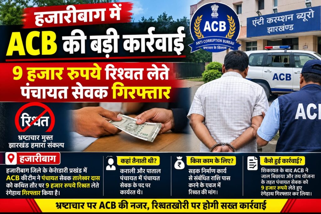 हजारीबाग में ACB की बड़ी कार्रवाई, 9 हजार रुपये रिश्वत लेते पंचायत सेवक गिरफ्तार